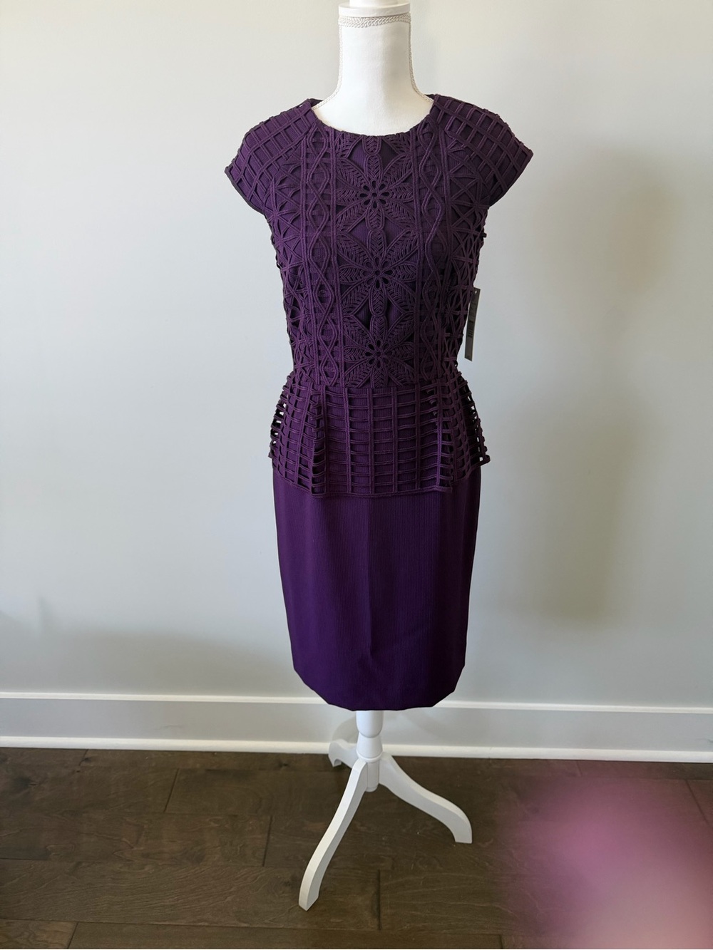ANTONIO MELANI Deep Purple Crochet Peplum Midi Dress